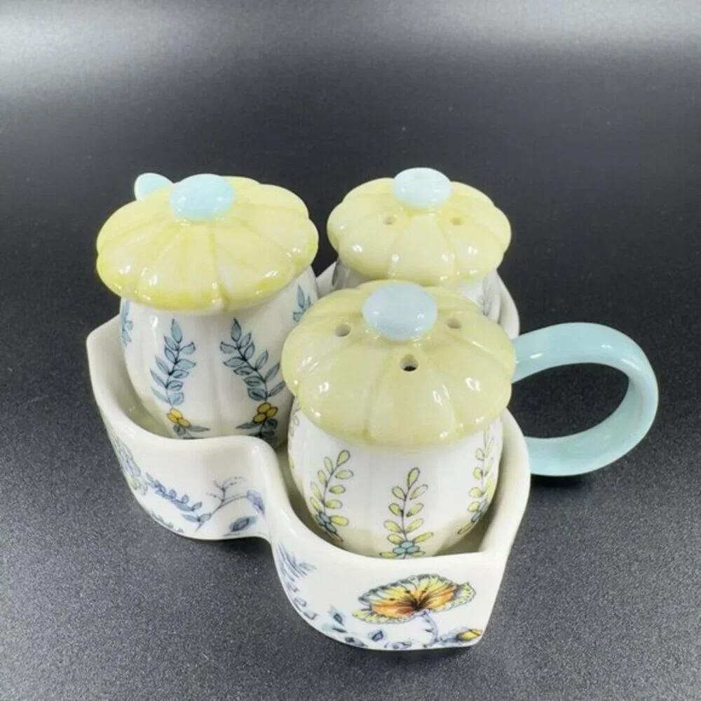 Anthropologie Ceramic Salt And‎ Pepper Covered Mustard Pot and Spoon on Tray VTG